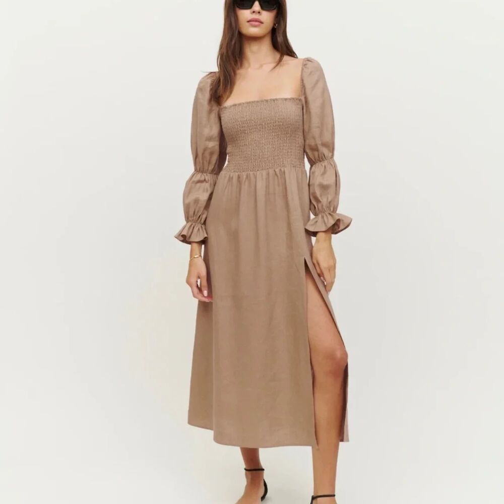 Reformation Hyland Linen Dress Size Large Tan Smocked Casual